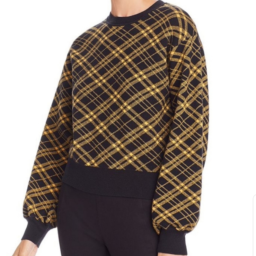 AQUA Balloon Sleeve Plaid Sweater